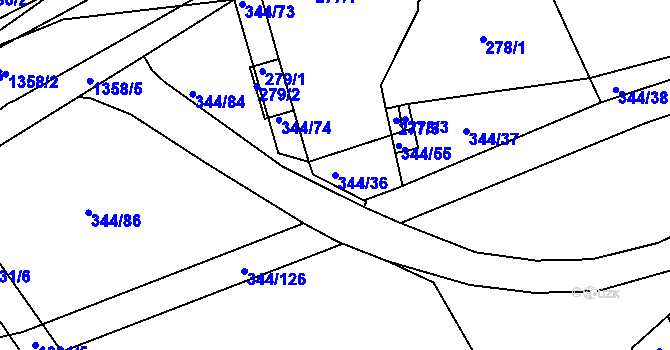 Parcela st. 344/36 v KÚ Milovice u Mikulova, Katastrální mapa