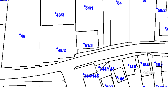 Parcela st. 51/3 v KÚ Milovice u Mikulova, Katastrální mapa