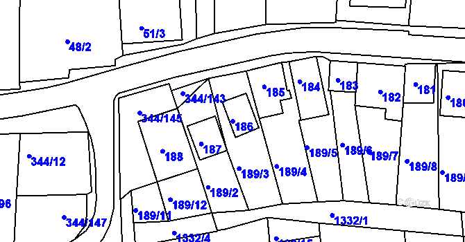 Parcela st. 186 v KÚ Milovice u Mikulova, Katastrální mapa
