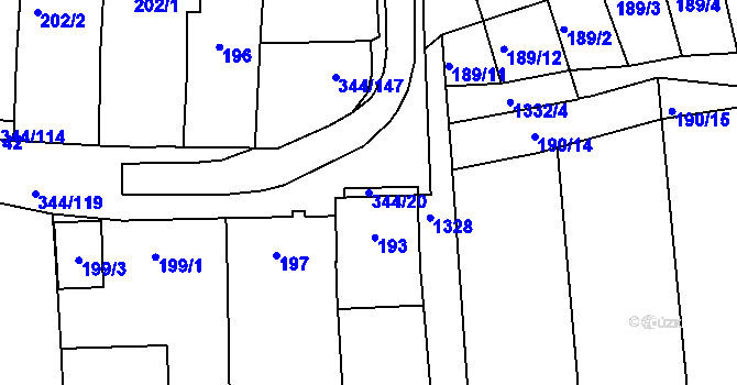Parcela st. 344/20 v KÚ Milovice u Mikulova, Katastrální mapa