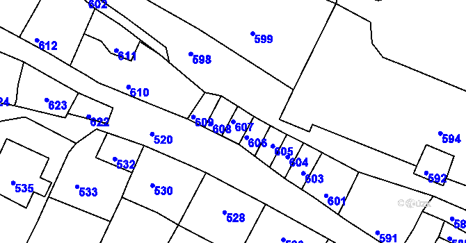 Parcela st. 607 v KÚ Mimoň, Katastrální mapa