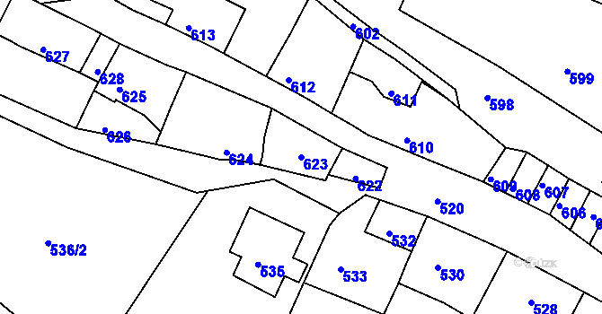 Parcela st. 623 v KÚ Mimoň, Katastrální mapa