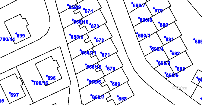 Parcela st. 671 v KÚ Mimoň, Katastrální mapa