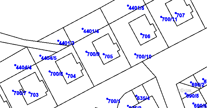 Parcela st. 705 v KÚ Mimoň, Katastrální mapa