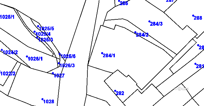 Parcela st. 284/1 v KÚ Mimoň, Katastrální mapa