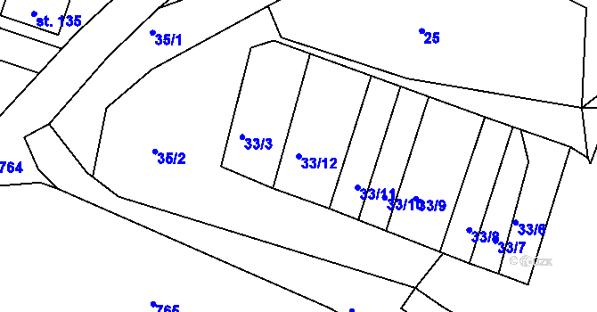 Parcela st. 33/12 v KÚ Mirkovice, Katastrální mapa