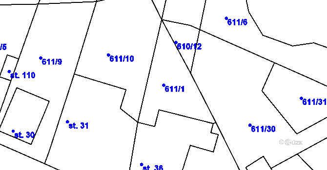 Parcela st. 611/1 v KÚ Mirkovice, Katastrální mapa