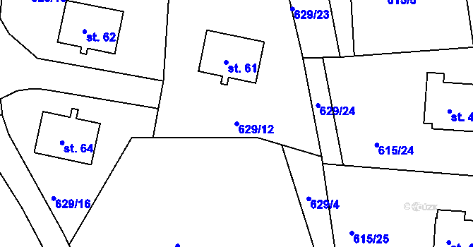 Parcela st. 629/12 v KÚ Mirkovice, Katastrální mapa