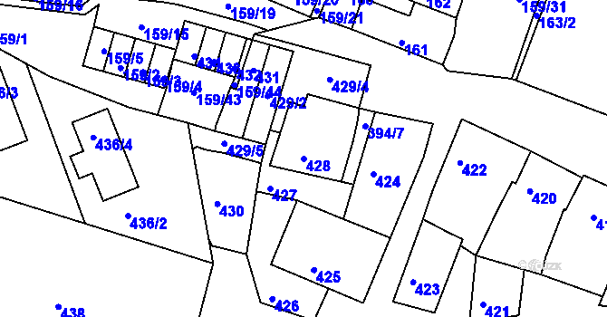 Parcela st. 428 v KÚ Miroslav, Katastrální mapa
