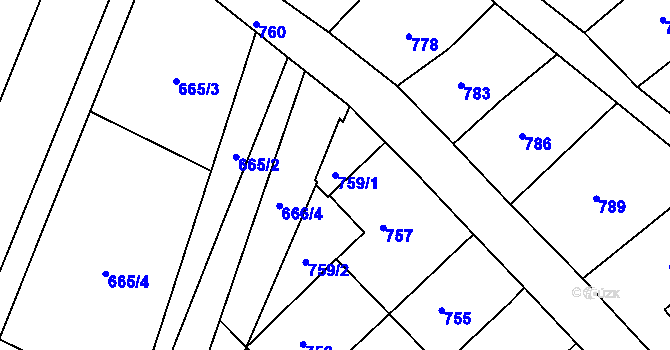 Parcela st. 759/1 v KÚ Miroslav, Katastrální mapa