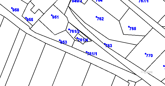 Parcela st. 761/3 v KÚ Miroslav, Katastrální mapa