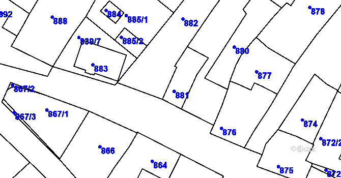 Parcela st. 881 v KÚ Miroslav, Katastrální mapa