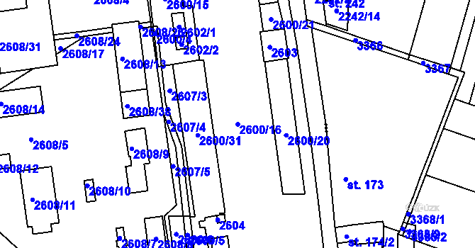 Parcela st. 2600/16 v KÚ Miroslav, Katastrální mapa