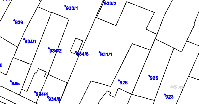 Parcela st. 931/1 v KÚ Miroslav, Katastrální mapa