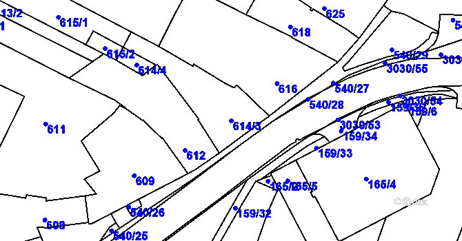 Parcela st. 614/3 v KÚ Miroslav, Katastrální mapa