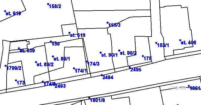Parcela st. 90/1 v KÚ Mirošov, Katastrální mapa