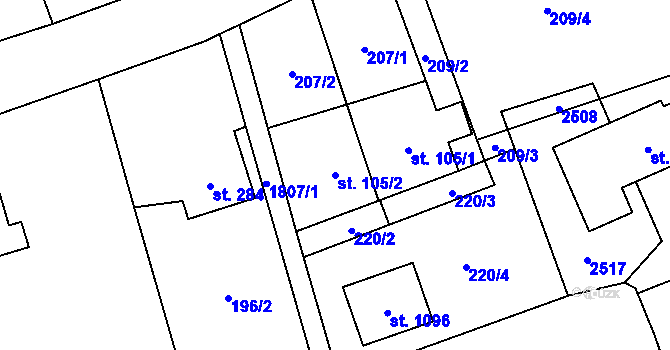 Parcela st. 105/2 v KÚ Mirošov, Katastrální mapa
