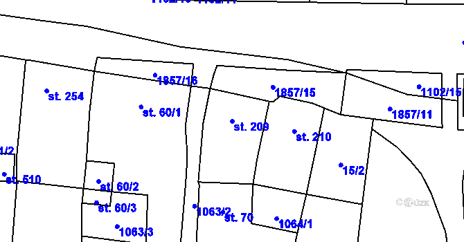 Parcela st. 209 v KÚ Mirošov, Katastrální mapa