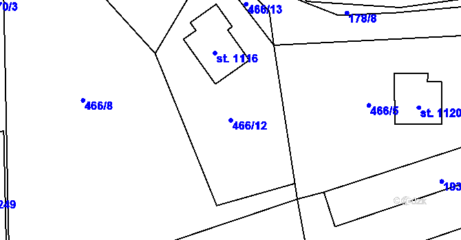 Parcela st. 466/12 v KÚ Mirošov, Katastrální mapa
