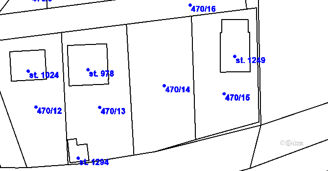 Parcela st. 470/14 v KÚ Mirošov, Katastrální mapa