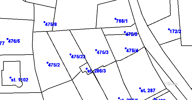 Parcela st. 475/3 v KÚ Mirošov, Katastrální mapa