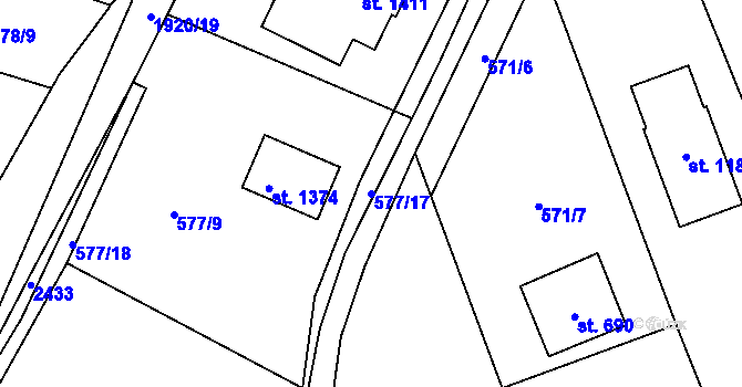 Parcela st. 577/17 v KÚ Mirošov, Katastrální mapa