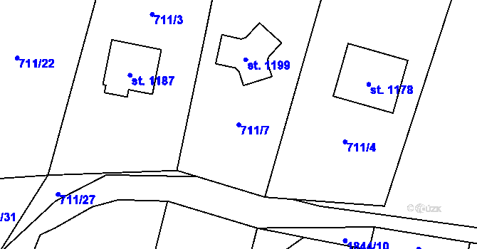 Parcela st. 711/7 v KÚ Mirošov, Katastrální mapa