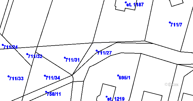 Parcela st. 711/27 v KÚ Mirošov, Katastrální mapa