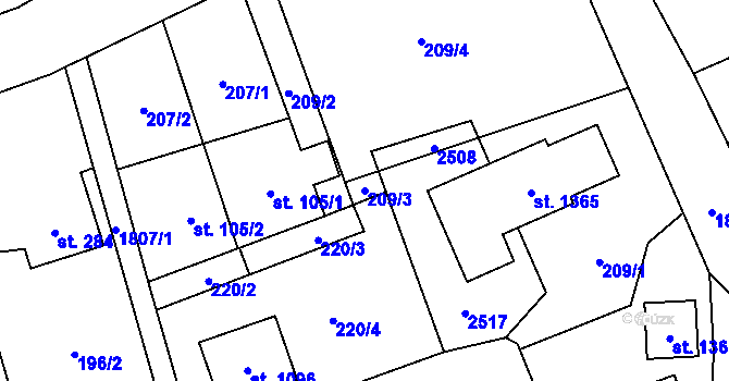 Parcela st. 209/3 v KÚ Mirošov, Katastrální mapa