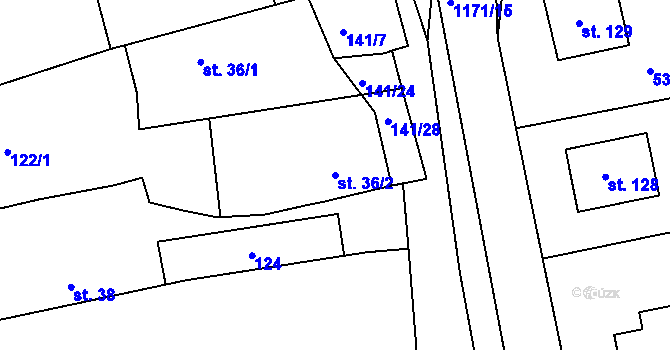 Parcela st. 36/2 v KÚ Boudy, Katastrální mapa