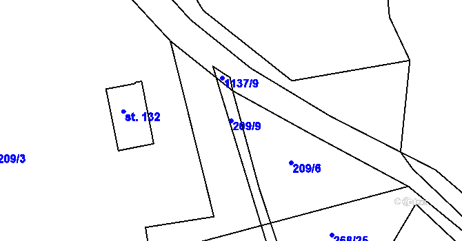 Parcela st. 209/9 v KÚ Boudy, Katastrální mapa