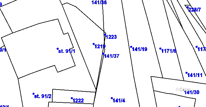 Parcela st. 141/37 v KÚ Boudy, Katastrální mapa
