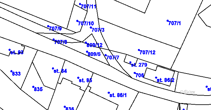 Parcela st. 707/7 v KÚ Bělá u Turnova, Katastrální mapa