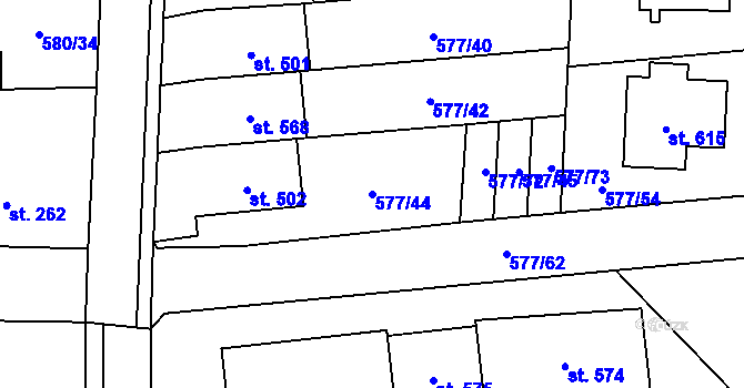 Parcela st. 577/44 v KÚ Mirovice, Katastrální mapa