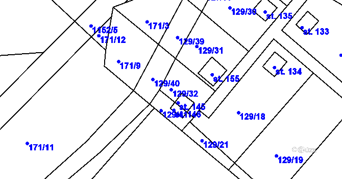 Parcela st. 129/32 v KÚ Bartoušov, Katastrální mapa
