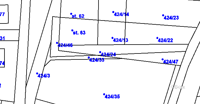 Parcela st. 424/24 v KÚ Bartoušov, Katastrální mapa