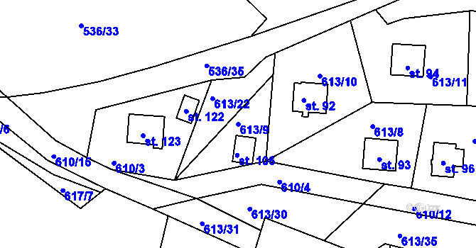 Parcela st. 613/9 v KÚ Bartoušov, Katastrální mapa