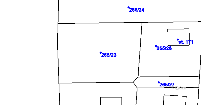 Parcela st. 265/23 v KÚ Bartoušov, Katastrální mapa