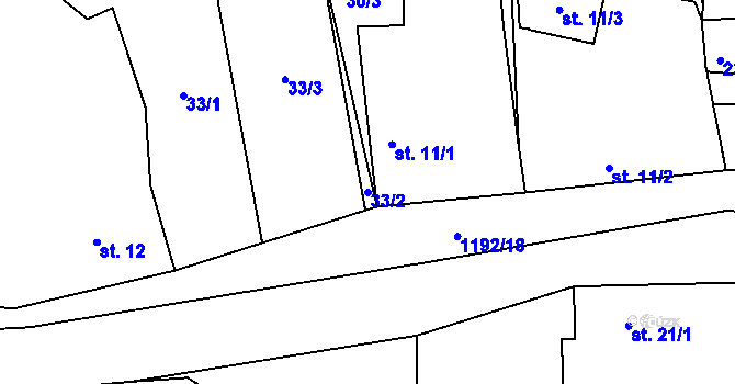 Parcela st. 33/2 v KÚ Bartoušov, Katastrální mapa