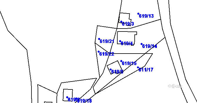 Parcela st. 619/22 v KÚ Bartoušov, Katastrální mapa