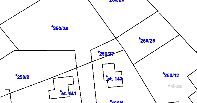 Parcela st. 250/27 v KÚ Bartoušov, Katastrální mapa