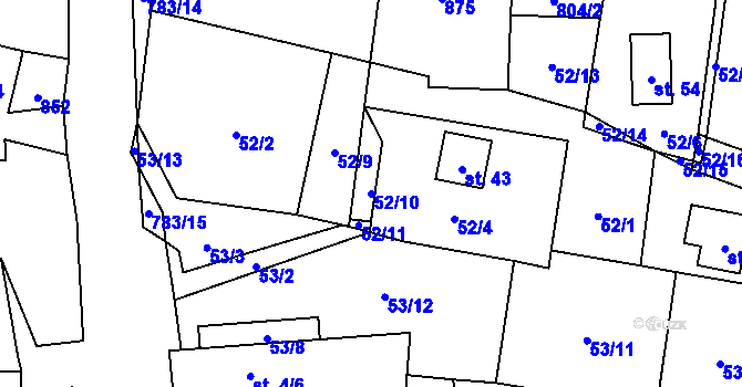 Parcela st. 52/10 v KÚ Blahuňov, Katastrální mapa