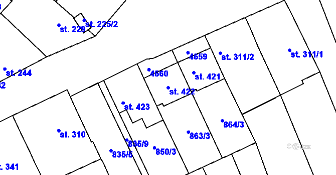Parcela st. 422 v KÚ Mistřice I, Katastrální mapa