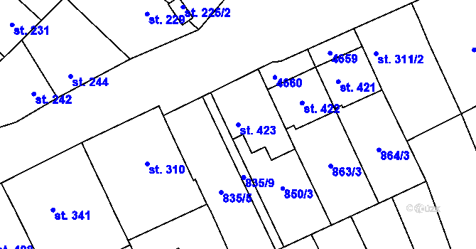 Parcela st. 423 v KÚ Mistřice I, Katastrální mapa