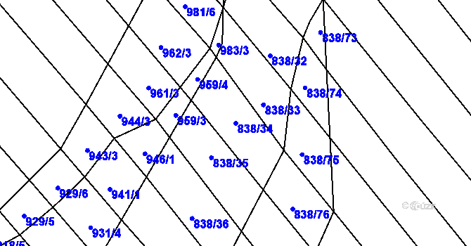Parcela st. 838/34 v KÚ Mistřice I, Katastrální mapa