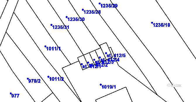 Parcela st. 412/9 v KÚ Mistřice I, Katastrální mapa
