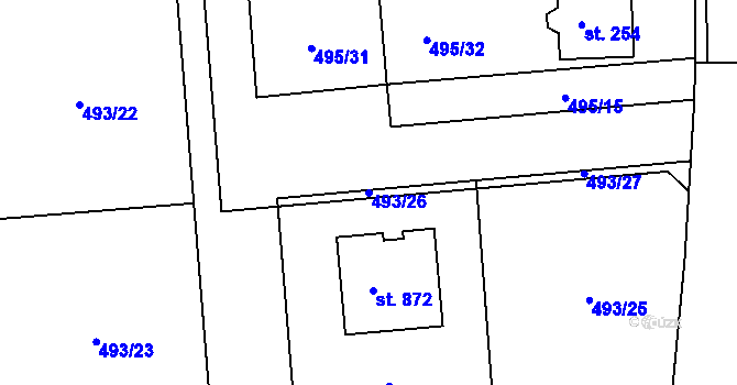 Parcela st. 493/26 v KÚ Míškovice, Katastrální mapa