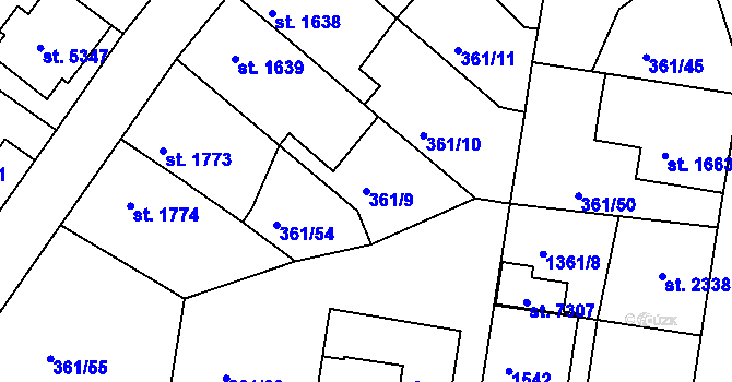 Parcela st. 361/9 v KÚ Mladá Boleslav, Katastrální mapa