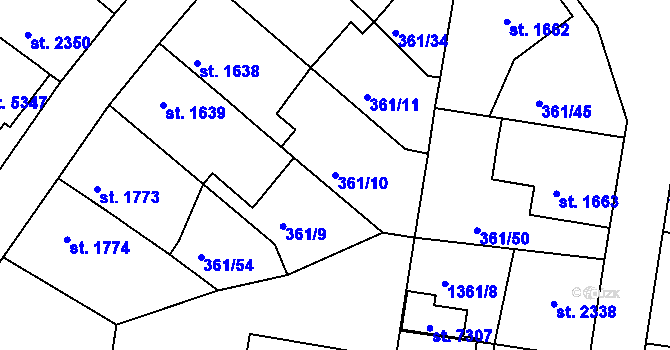 Parcela st. 361/10 v KÚ Mladá Boleslav, Katastrální mapa