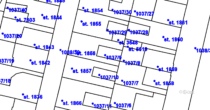 Parcela st. 1037/9 v KÚ Mladá Boleslav, Katastrální mapa